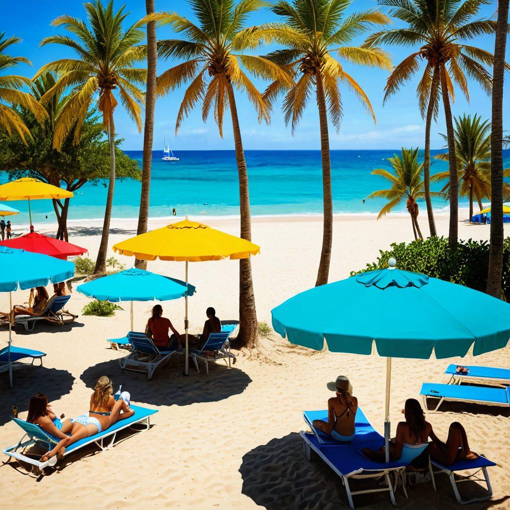 A fashionable beach scene showcasing diverse individuals in stylish swimwear, lounging under colorful umbrellas, playing beach volleyball and sipping tropical drinks. The background features golden sand and sparkling turquoise water, with palm trees swaying gently in the breeze. Bright summer colors and fun beach accessories like sunglasses and hats add flair. super-realistic. vibrant colors. summer vibe.